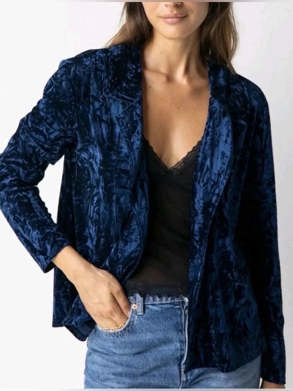 Natural Life Velvet Long Sleeve Notch Lapel Open Front Blazer Blue S/M NWT